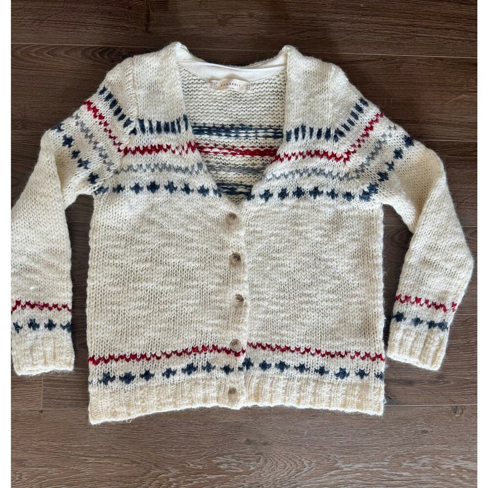Zara Cream Fisherman Grandma Cardigan Ski Sweater Loose fit Womens Sz Medium
